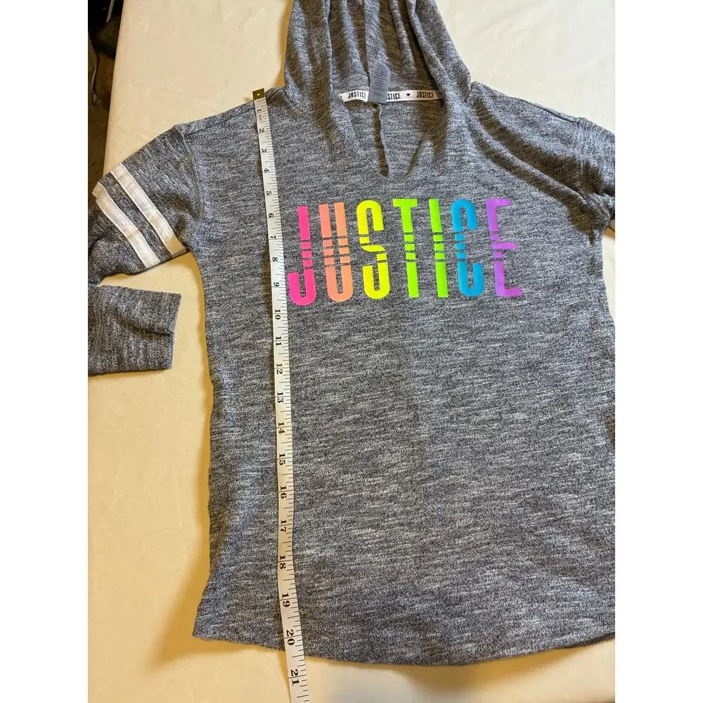 Justice Girls S 8 Gray Hooded Tunic Top Rainbow Logo Striped Sleeve Lightweight